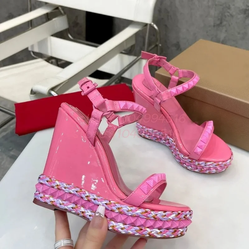 

Pink Stud Wrap Belt Wedge Sandals Women Platform Open Toe Roman High Heels Round Buckle Strap Pumps Lady Hot Chick Party Shoes