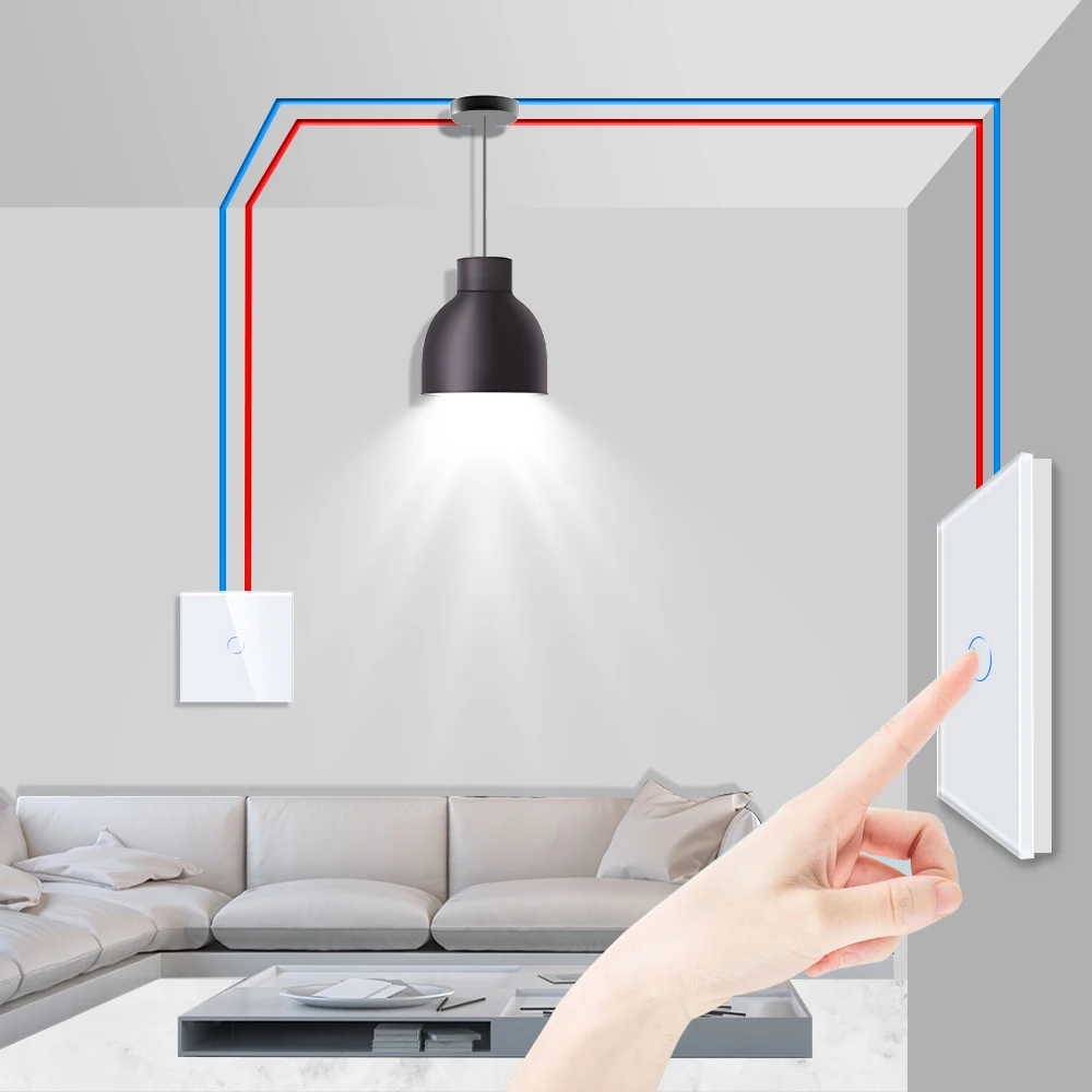Bingoelec 1Gang 2Way Stair Wall Switch White Crystal Toughened Glass Touch 2Way Light Switch EU/UK standard AC110-250V