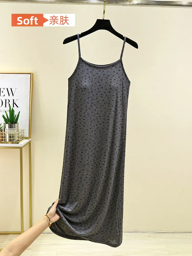 Spódnica midi na ramiączkach z modalu w kwiatowy wzór, damska bielizna, odzież domowa plus size, efekt wyszczuplający, krój A-line, chińska marka.