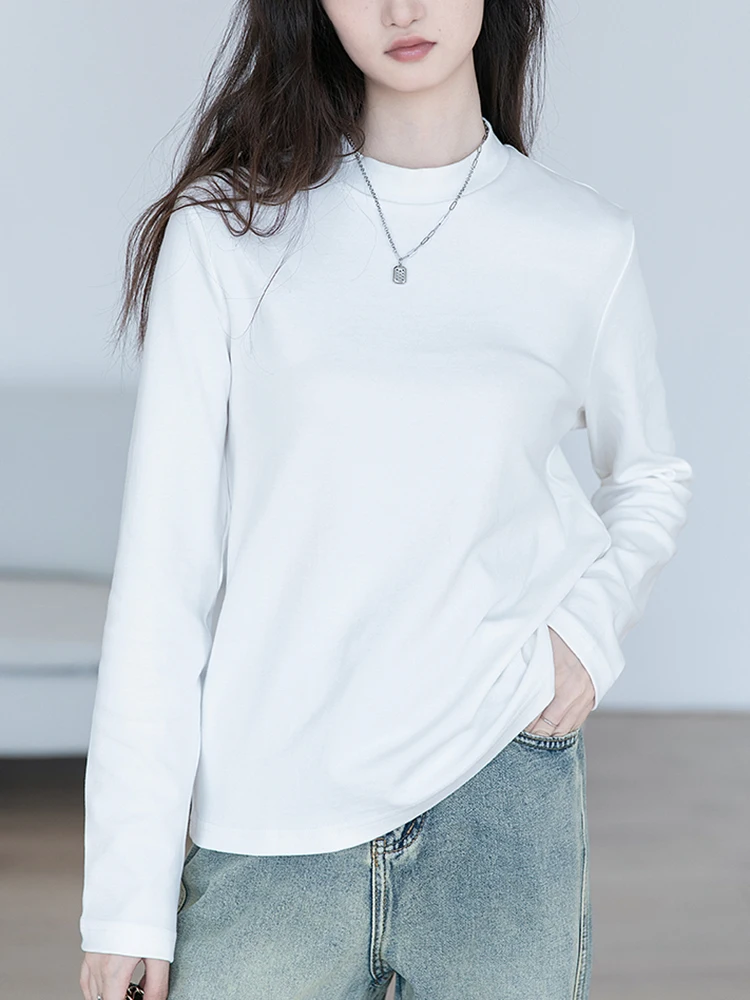 

QOERLIN 100% Cotton Women White T-Shirts Long Sleeve Loose Casual Crew Collar Casual Tops Shirts Office Ladies Slim-Fit Tops