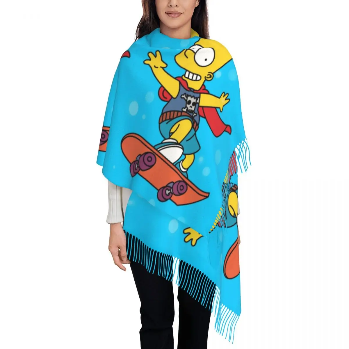 Custom Bart Simpsons En Patineta Tassel Scarf Women Winter Warm Shawl Wrap Female Scarves