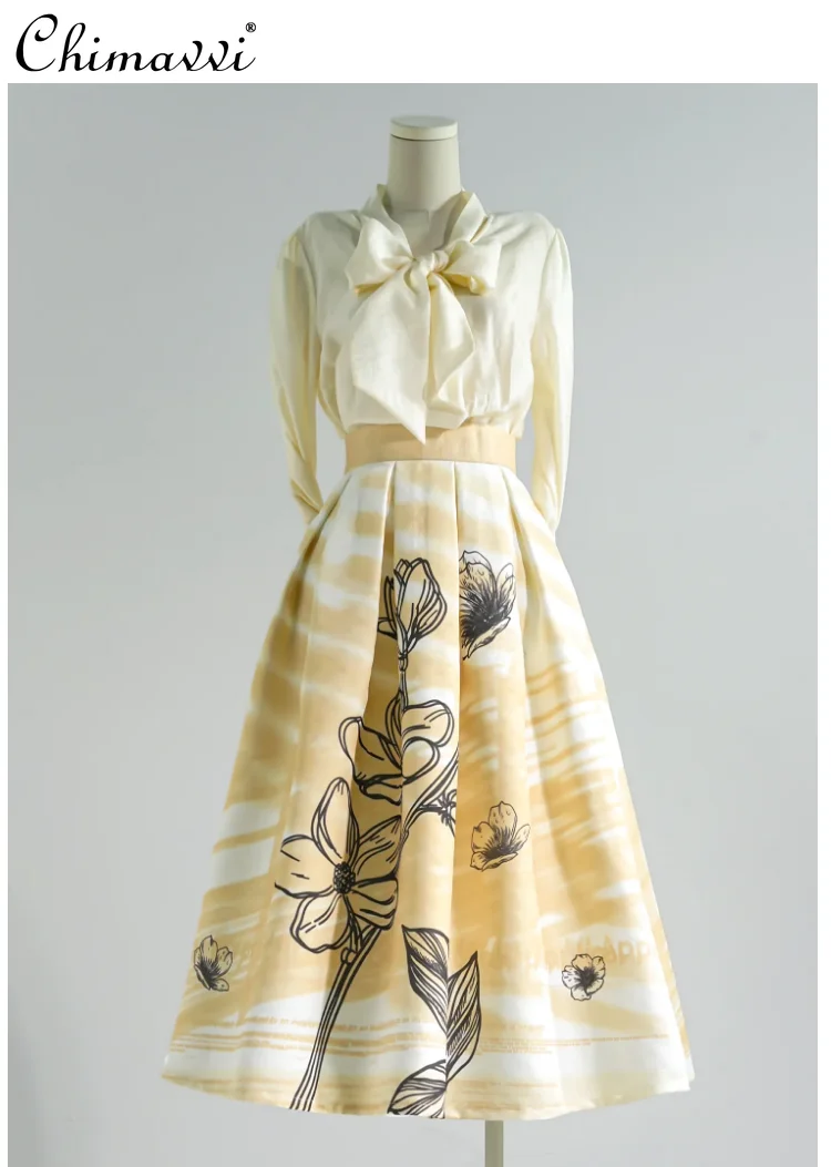 

French Elegant Fashion Commuter High Waist A-line Skirt Hepburn Style Versatile Temperament Printed Long Skirt Women 2026 Spring