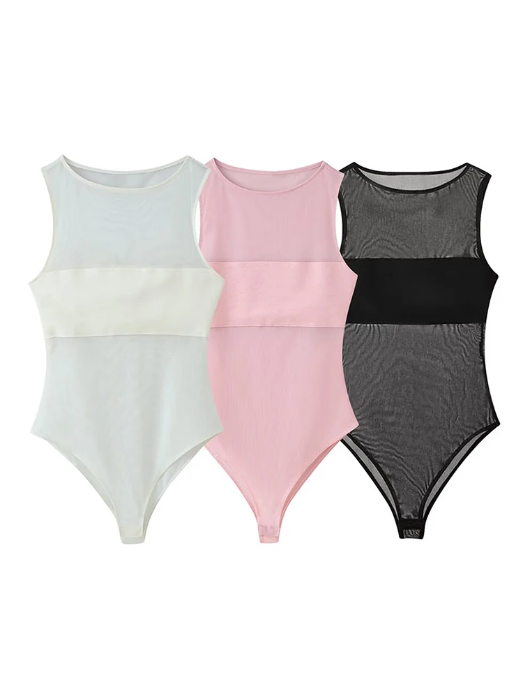 2026 Summer See Through Bodysuit For Women Sexy Mesh Patchwork Sleeveless Round Collar Slim Fit Female Leisure Street Clubwear