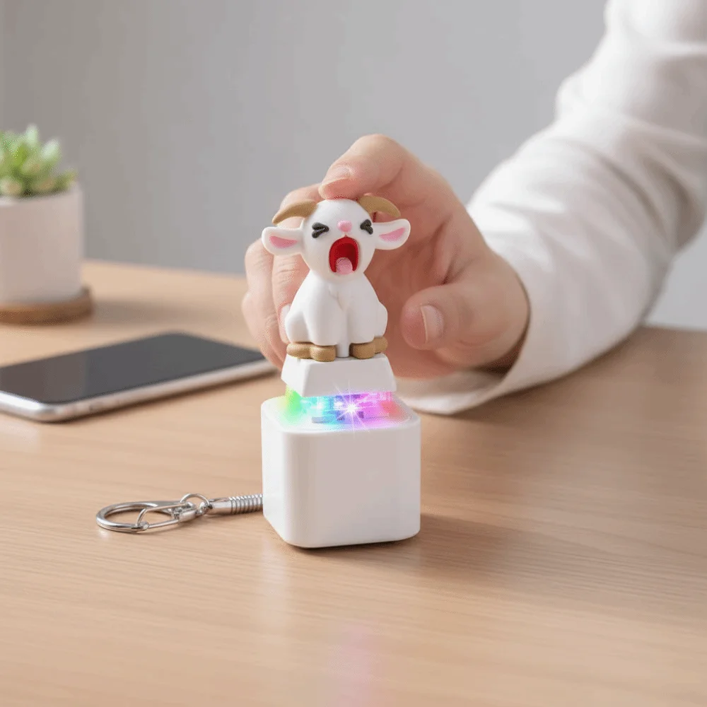 Chaveiro Recarregável Cabra Gritante com Efeito Sonoro, Botão Anti-Stress Fidget Portátil, Capa de Tecla Mecânica com LED Luminoso e Clique Sonoro