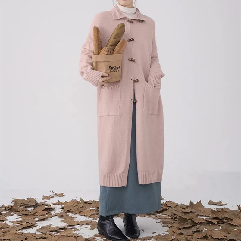 

2025 Autumn/Winter New Style Buttoned Hooded Sweater Blazer in Mid-Length Knee-Length Knitted Collared Coat with a Lazy Style