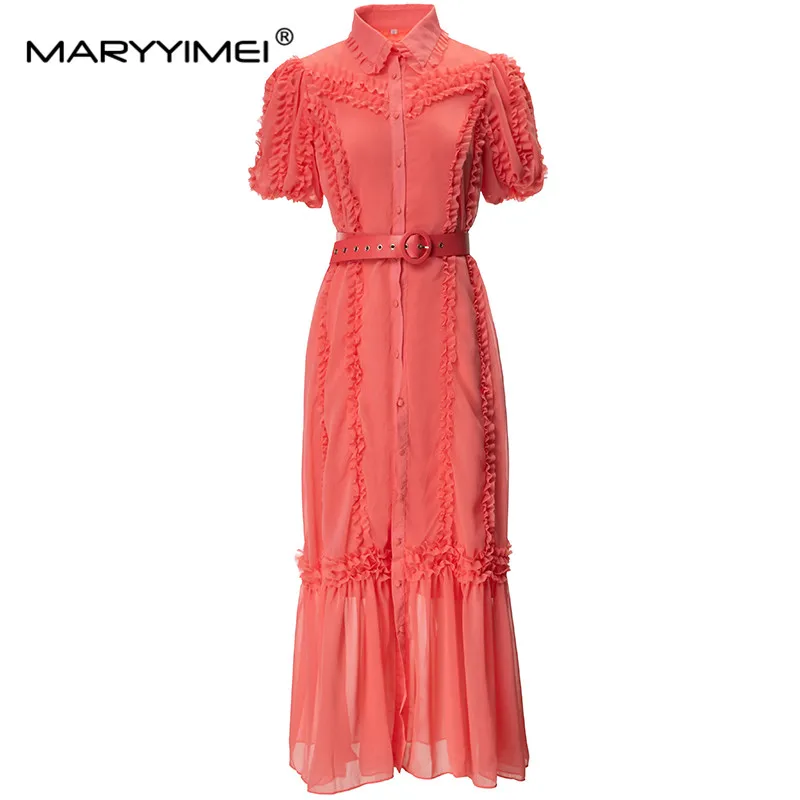 

MARYYIMEI Fashion Women's 2024 Spring Turn-Down Collar Puff Short-Sleeved Single-Breasted Patchwork Chiffon Mesh Belt Long Dress