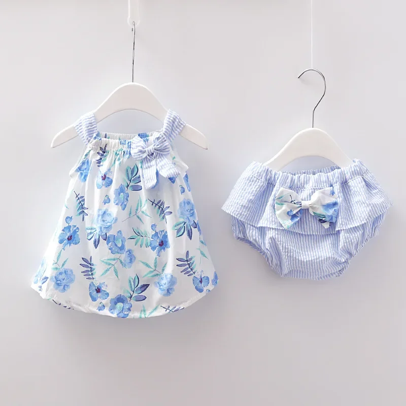 New Newborn Baby Girls Clothes Sleeveless Dress+Briefs 2PCS Outfits Set Striped Printed Cute Clothing Sets Summer Sunsuit 0-24M