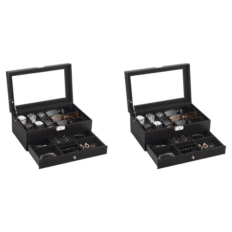 A95D-2X Watch Box, Mens Jewelry Box With 6 Slot Watch Case & 3 Slot Sunglasses Organizer, 2 Layers Lockable Watch Holder