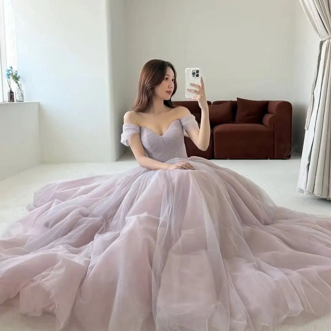 

Giyu Elegant Dusk A-line Evening Dresses Off Shoulder Korea Wedding Photoshoot Tulle Sweep Train Formal Occasion Party Dresses