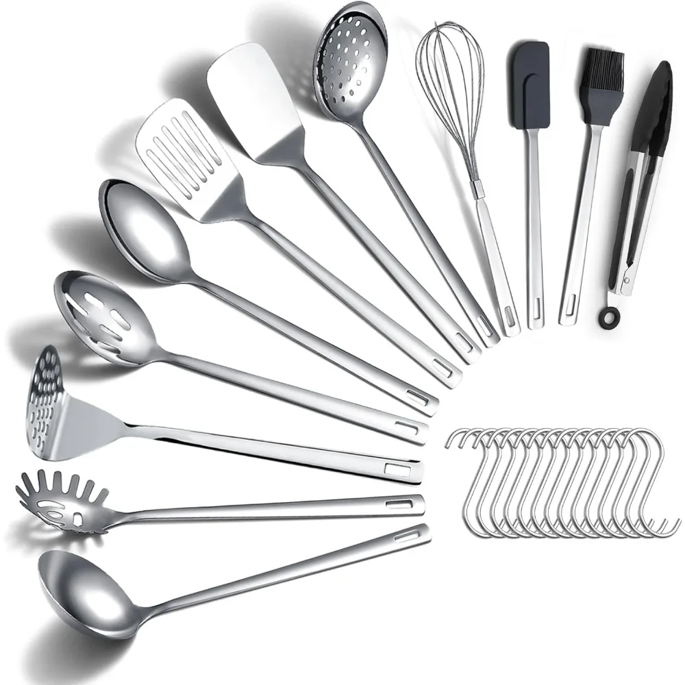 

stainless steel cooking utensils set 26 pieces, heavy duty sturdy kitchen tool set with hooks, metal spatula set, durable mirror