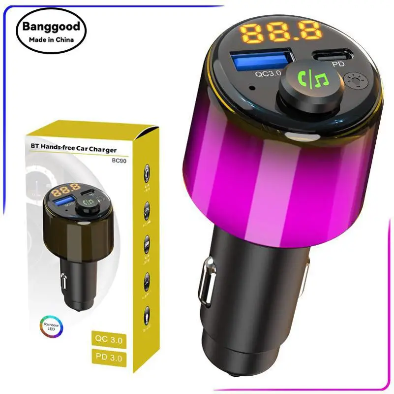 BC90 Car Bluetooth MP3 Player with Car Fast Charge Music Ambient Light 2024 New FM Transmitter
