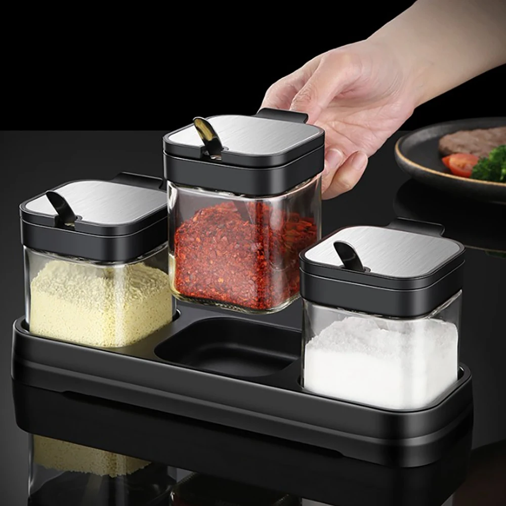 Glass Storage Jars Spice Containers Set with Stainless Steel Lids and Spoons for Sugar Serving Salt Coffee Tea