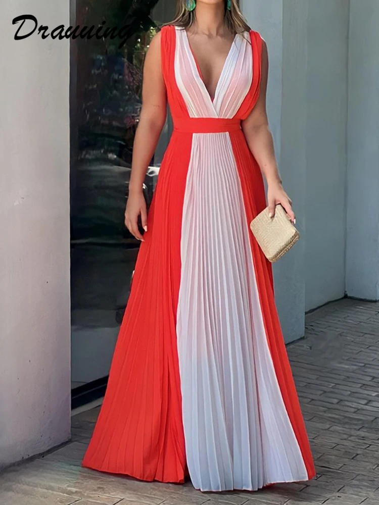 

D​rauuing Patchwork Dress Loose Hem V Neck Elegant Long Dress Women Red White Patchwork Fashion Sleeveless Summer New Dress