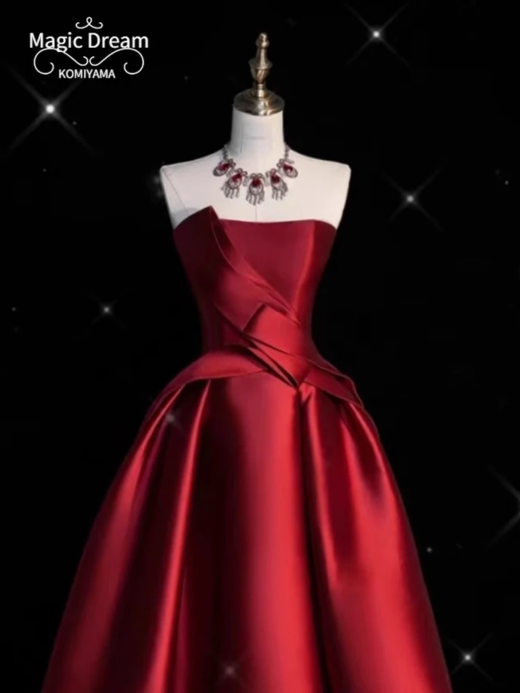 Customized Elegant Strapless Toast Bride 2025 New Luxury Red Satin Evening Dress French Engagement Prom Dresses Wedding Party Ve