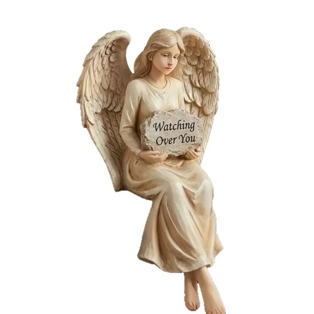 Watching Over You Plaque Guardian Angel Shelf Sitter Resin Desk Companion Sitting Angel Figurine Sympathy Gift Hand-Painted