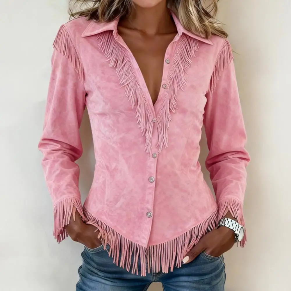 Women Tassel Shirt New Western Cowboy Style Suede Tassel Fitted Long Sleeve Shirt Elegant Western Cowgirl Shirts Fringe Blouse