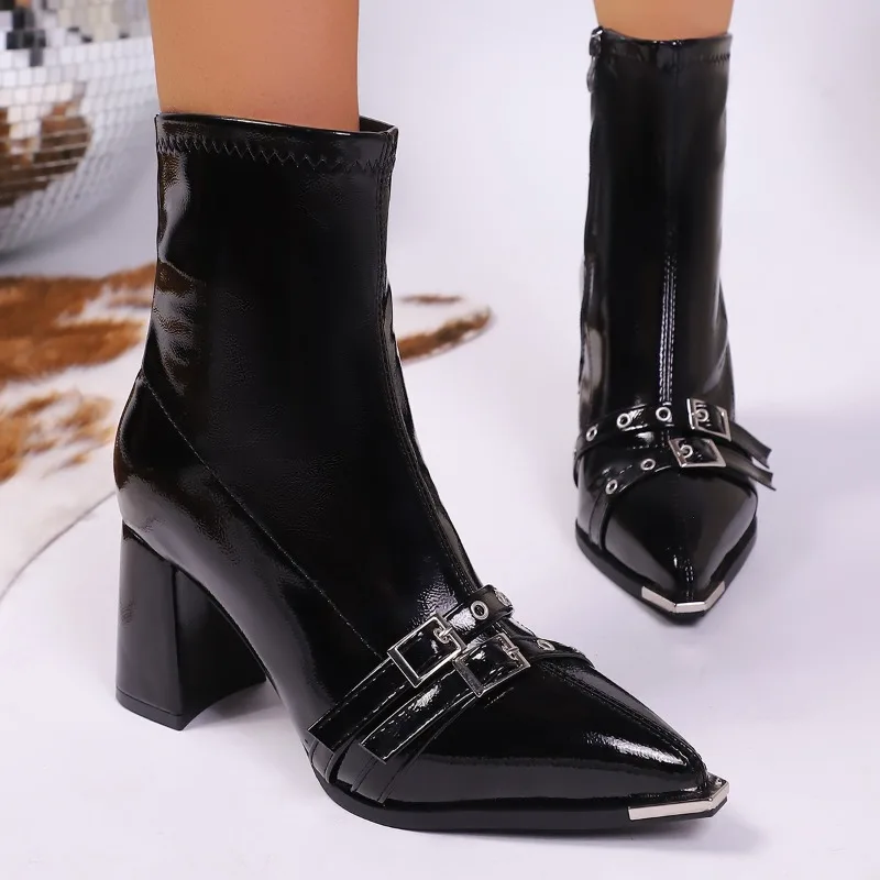 

New Pointed Toe Booties 2025 Autumn Belt Buckle Short Tube European and American Autumn and Winter Soft Leather Naked Boots