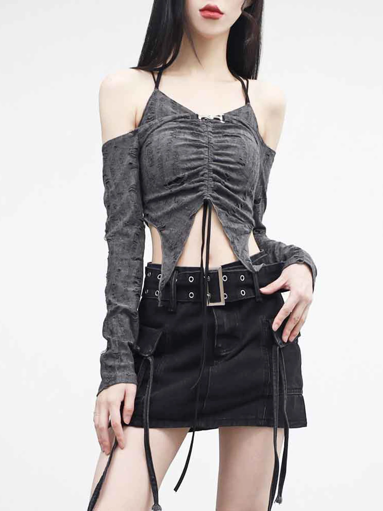 REDDACHiC 2-Piece Women Top Ripped Drawstring Halter Sling Cardigan Smock Long Sleeves Goth Grunge Acubi Fashion Emo Streetwear