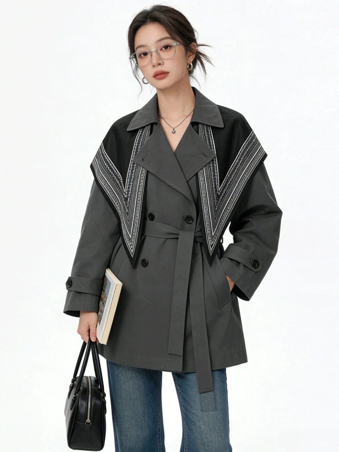 

Ele ey Tones Windbreaker Jaet with Scarf Vintage Loose Fit Double Breasted Midi Coat Spring Season Women's Faion