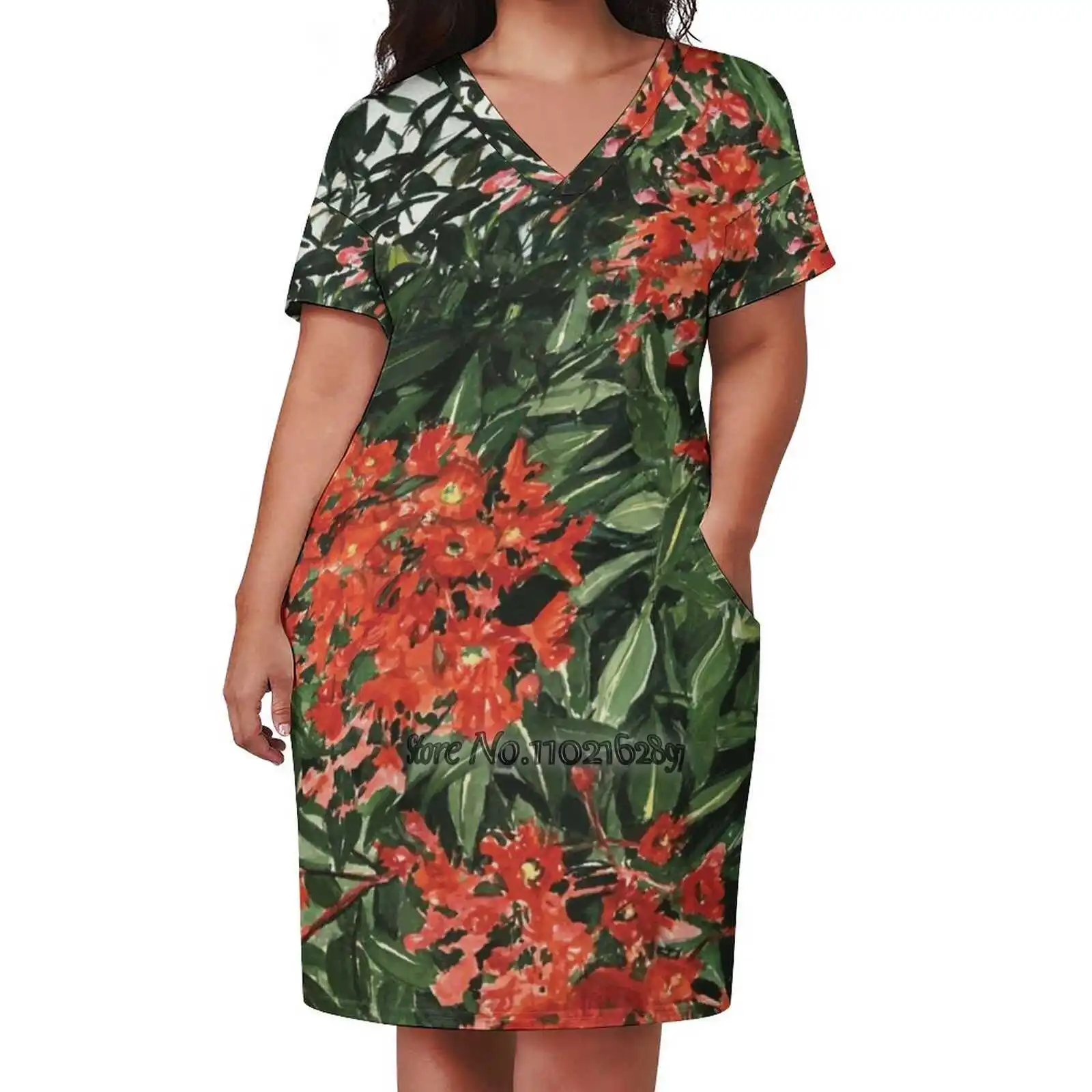 

Red Flowering Gum Design Print Dress Short Sleeve V-Neck Fashion Skirt Thin Short Sleeve Skirts Flowering Gum Gum Blossom