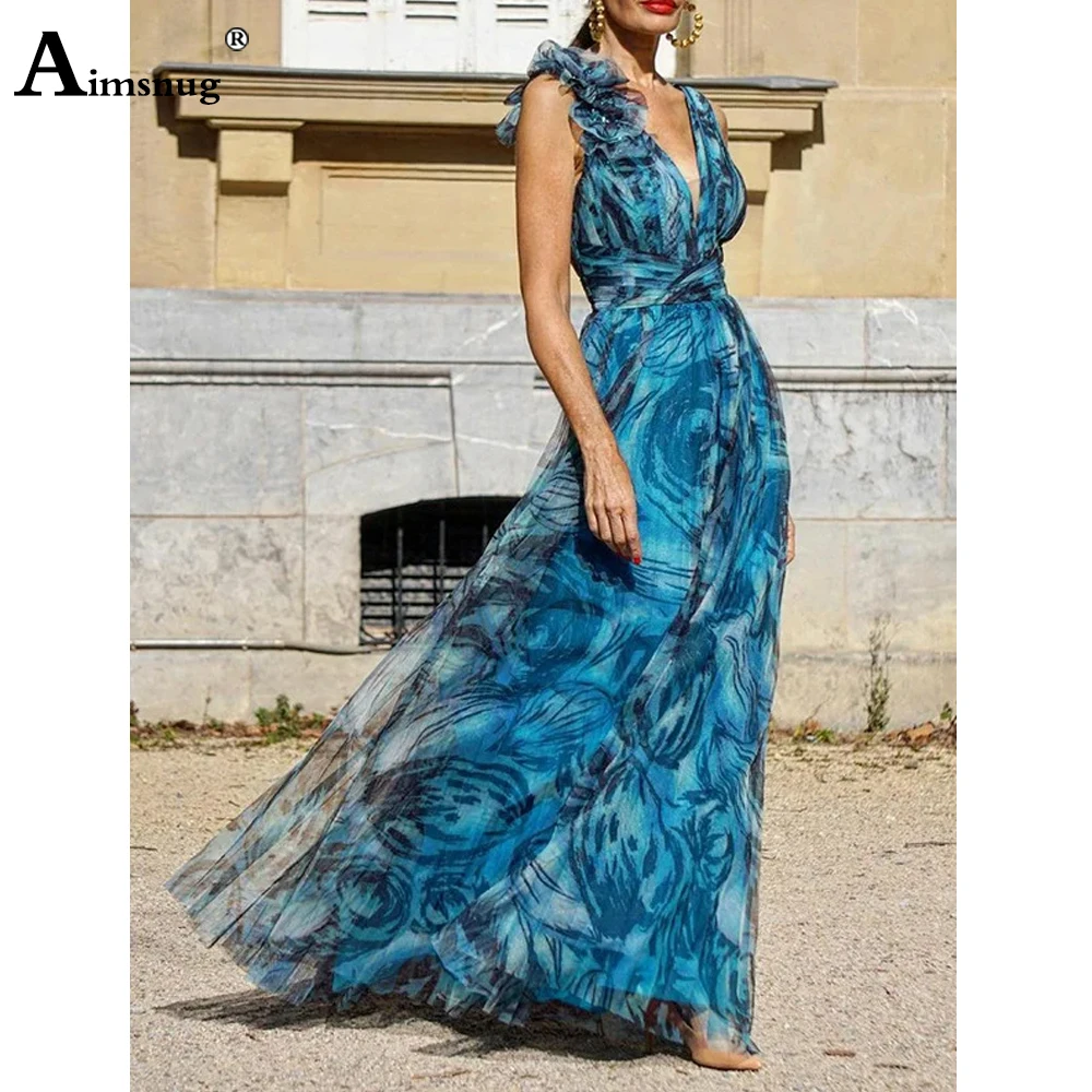 Women Princess Sleeves Elegant Print Maxi Dress Womens High Split Chiffon Party Dresses Female Deep V-neck Dress Clothing 2023