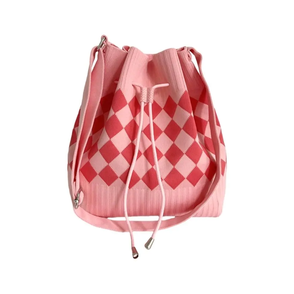 Bundle Pocket Houndstooth Bucket Bag Soft Commute Diamond Drawstring Bag Large Capacity Handbag Knitted Checked Shoulder Bag