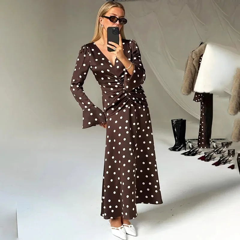 

Talenza Elegant Polka Dot Maxi Dress Women Vintage Brown V-Neck Pleated Slim Contrast Dress Summer New Luxury Party Female Dress