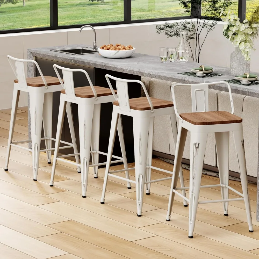 Set di 4 sgabelli da bar in metallo in stile industriale moderno, sedie ad altezza bancone con sedile in legno, mobili da bar da cucina per Contemporar