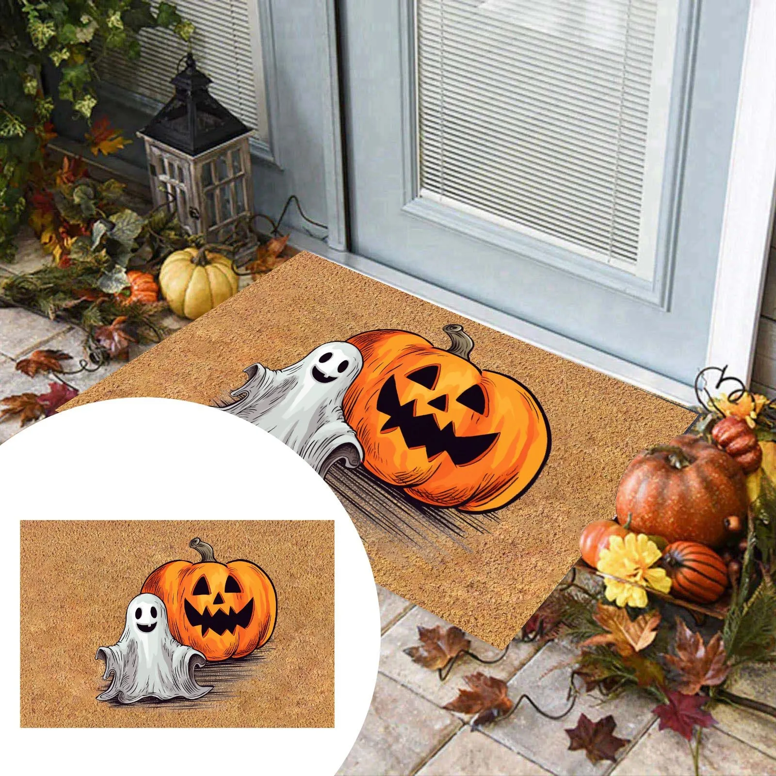 Ghost And Pumpkin Happy Black Halloween Decorative Doormat Seasonal Low-Profile Floor Switch Mat For Indoor Outdoor Decor 2024