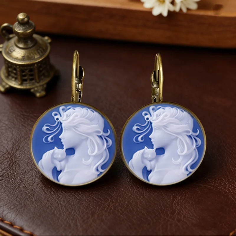 2D Vintage Lady Queen Cameo Glass Pendant Dome Cabochon Bronze Earrings Retro Victorian Portrait Jewelry For Women