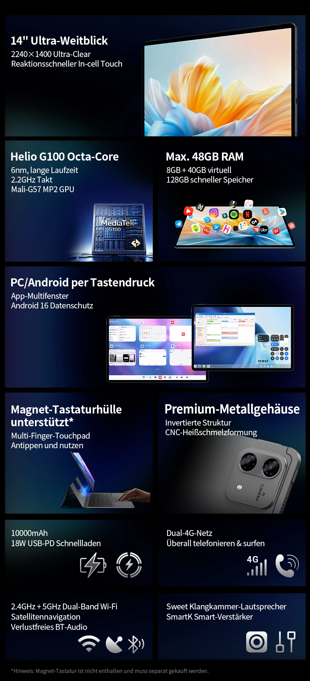 Teclast T70Pro Android 16 Tablet mit Gemini AI, 14 Zoll IPS 2240x1400 Display, G100 Octa-Core, 8GB RAM+40GB erweiterter RAM, 128GB UFS-Speicher, 1TB Micro-SD-Erweiterung, Dual-SIM 4G LTE, 10000mAh Akku, 18W PD-Ladung – Detail 3