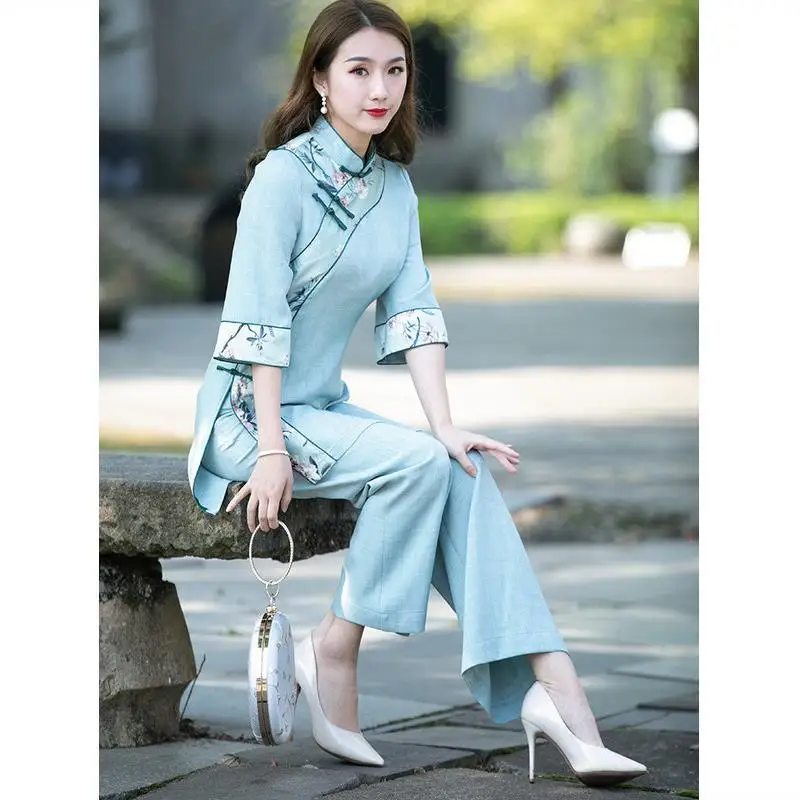 

Office Suit Slim Women Summer Fashion Chinese Style Cheongsam Qipao Shirt Tops Pants Two Piece Stylish Young Ethnic Style Party