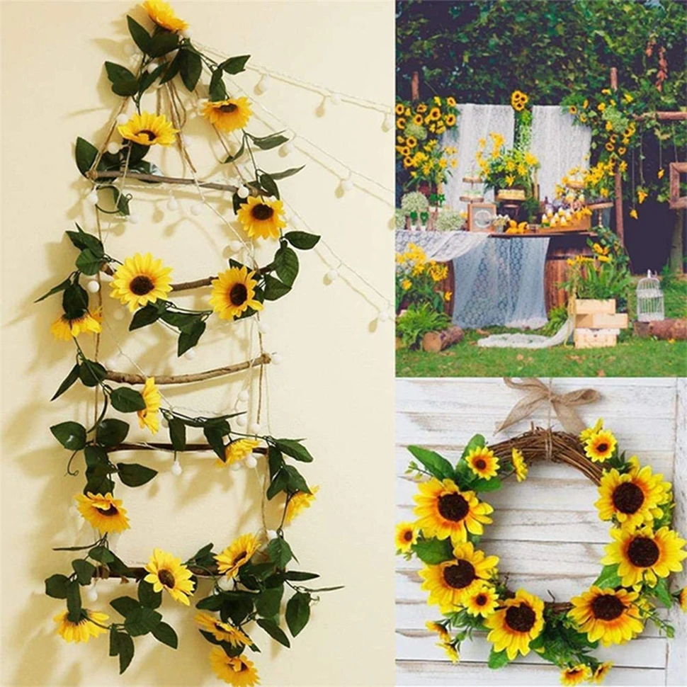 

Artificial Flowers Sunflower Vine Hanging Flowers Festive DIY Rattan Leaves Garland Outdoor Wedding Home Photos Frame Decoration