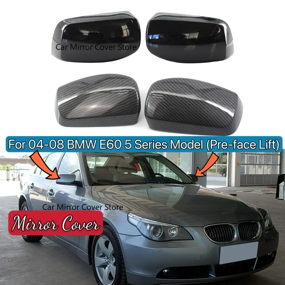 Rear View Mirror Cover For BMW E60 5 Series 2004-2008 Not Fit M5 Models Carbon Look /Glossy Black Side Wing Cap Mirror Case