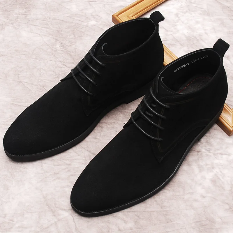 Genuine Winter Leather Ankle Boots Man Black Handmade Mens Dress Boots Lace Up Formal Shoe Suede Luxury Chelsea Boots Men