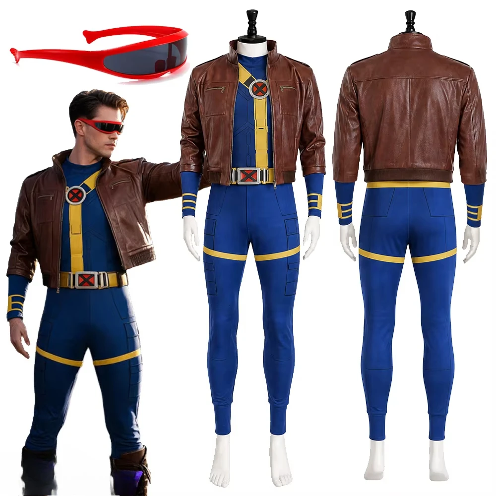 Cyclops Cosplay Costume Coat Glasses Set Men Roleplay Fantasia Outfits Adult Male Disguise Bodysuits Halloween Carnival Suits