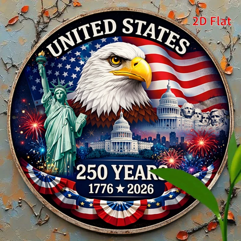 Plaque en aluminium ronde 2D plate - 1 pièce 19,99x19,99 cm |   Panneau d'art métallique pour le 250e anniversaire des États-Unis, décoration patriotique pour la maison, 1776-2026 Amer
