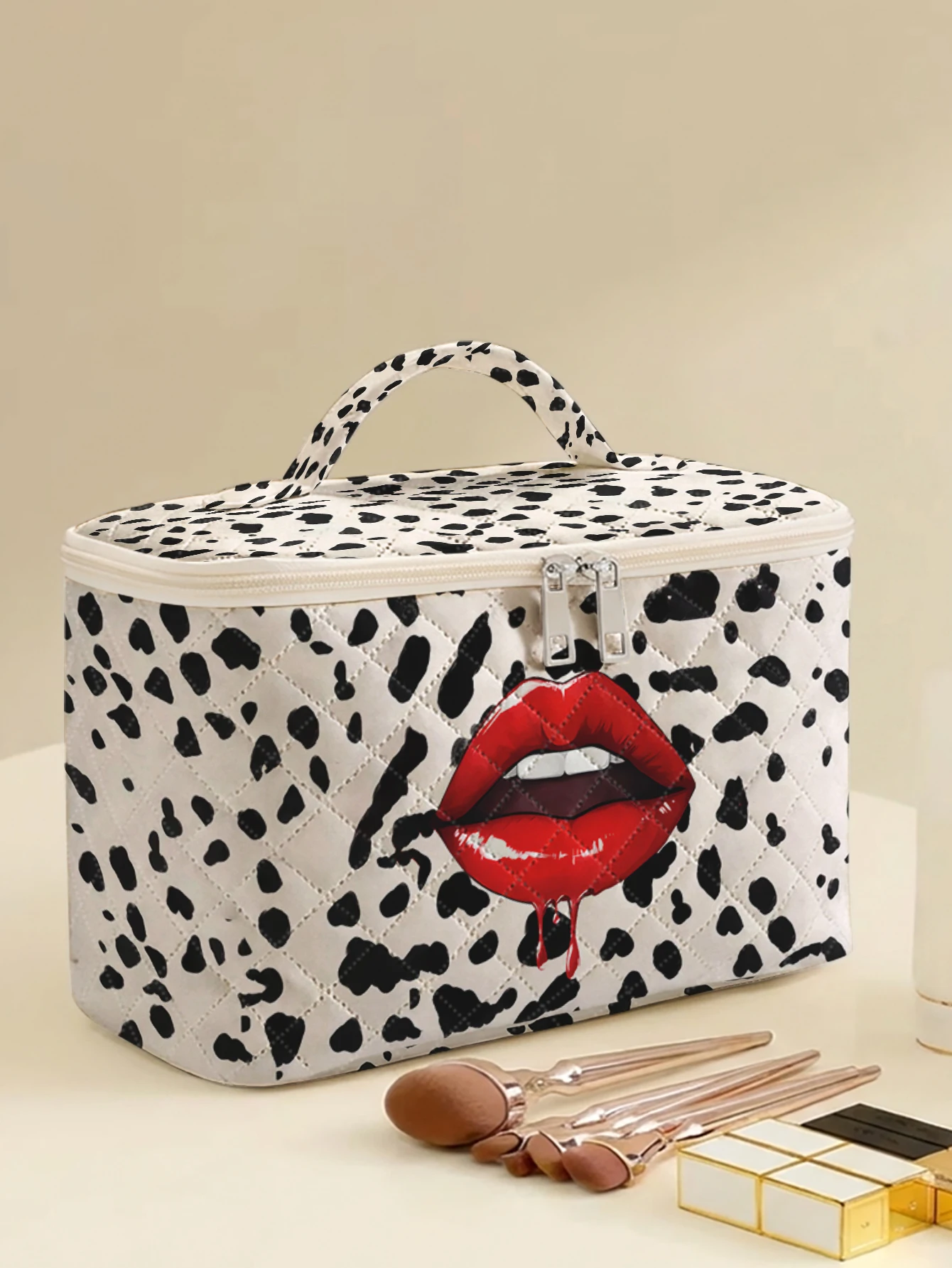 1pc, Portable travel cosmetics with dalmatian spot red lips patterns, large capacity travel storage bag, cute and stylish makeup