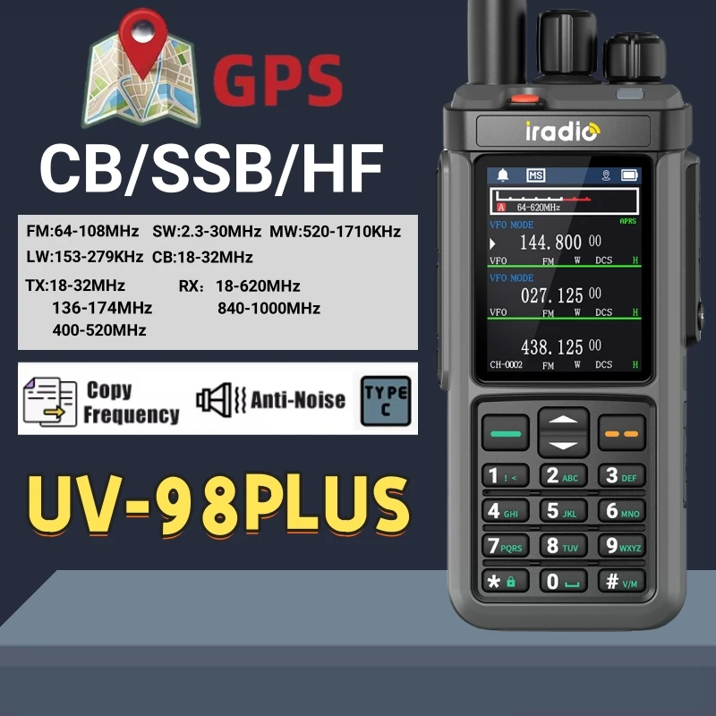 

Iradio UV-98 Plus GPS Walkie Talkie CB 27MHz10W FM AM SSB HF Cross Band Repeater Type-C 1024CH New Upgrade UV 98 PLUS Radio