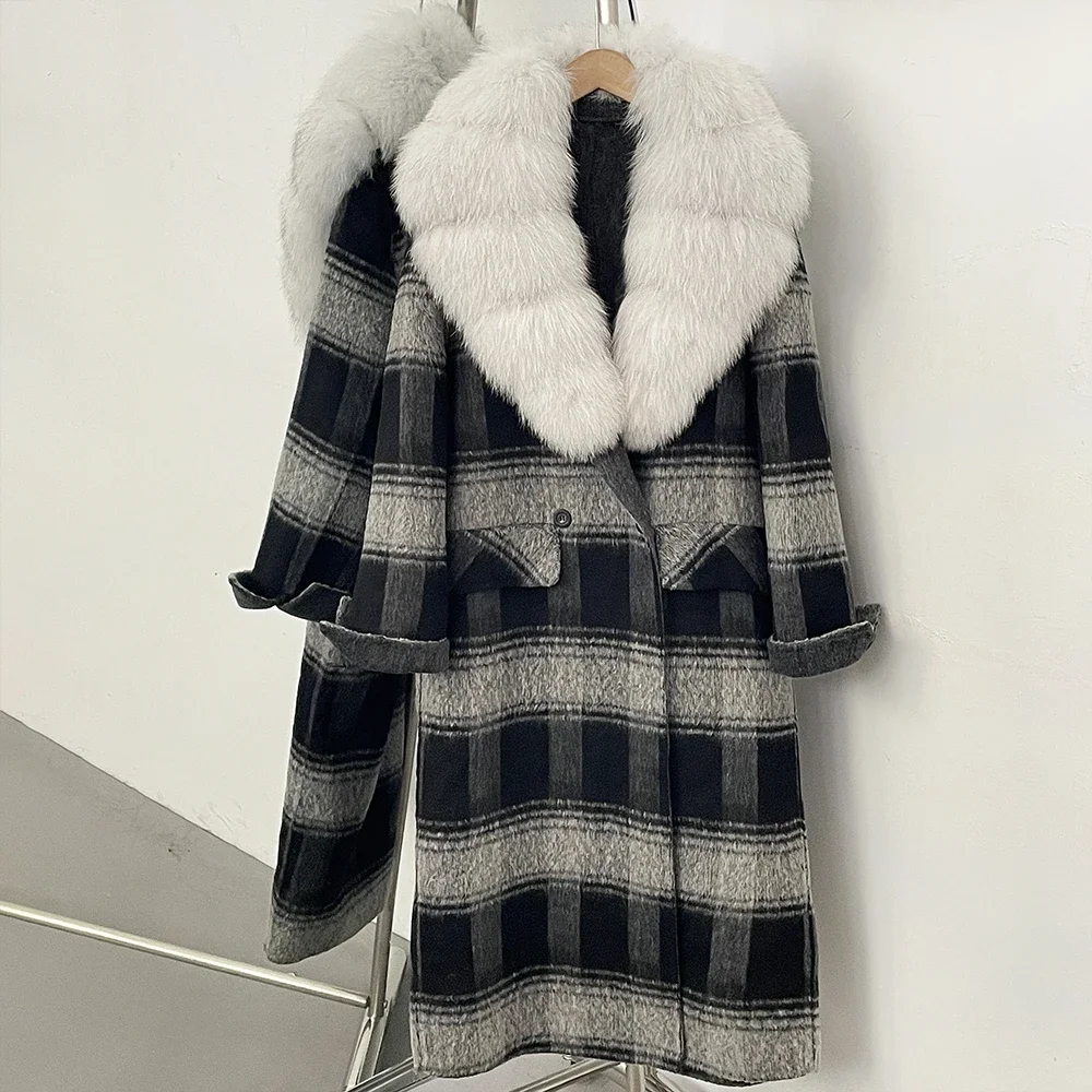 OFTBUY Neue warme Winteroberbekleidung für Damen, mittellanger 100% Wollmantel, Damenjacke mit echtem Fuchspelzkragen, Vintage-Karo-Wolljacke – Detail 15