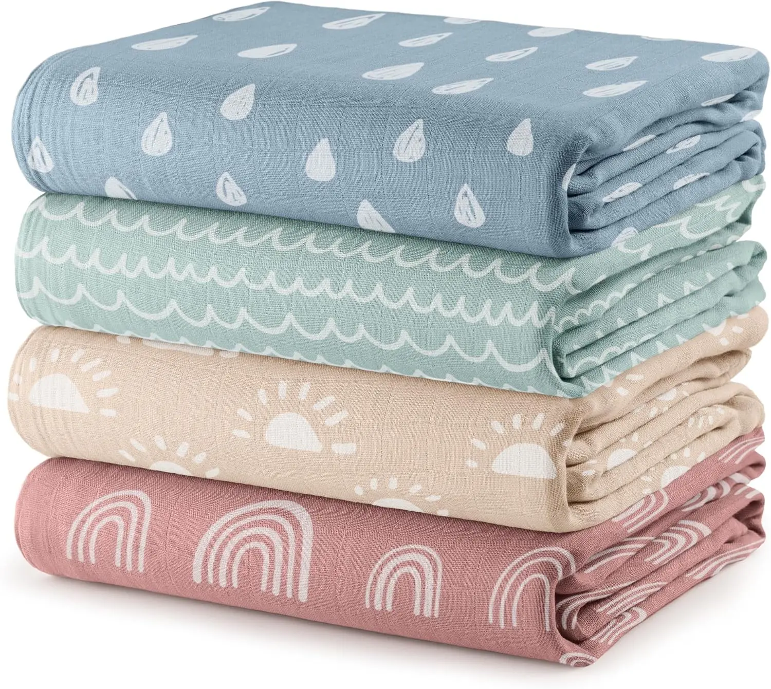 

4-Pack Large Cotton Muslin Swaddle Blankets, 47x47 Inches, Soft Baby Wraps for Newborns with Sun Rainbow Rain Doodle Patterns