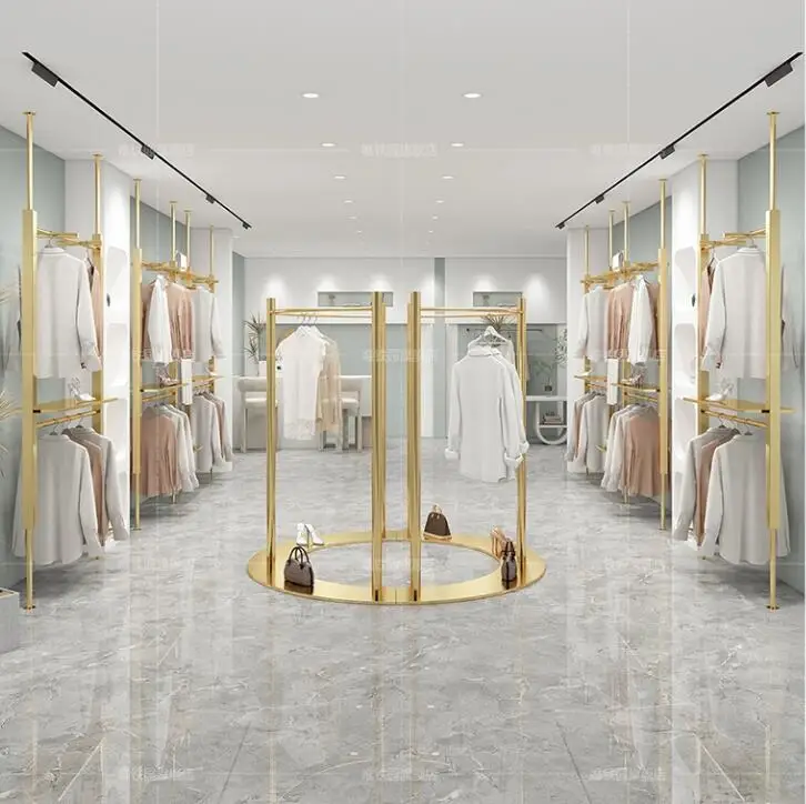 Men's and women's clothing store with stainless steel wall mounted columns, double-layer clothing racks, display shelves