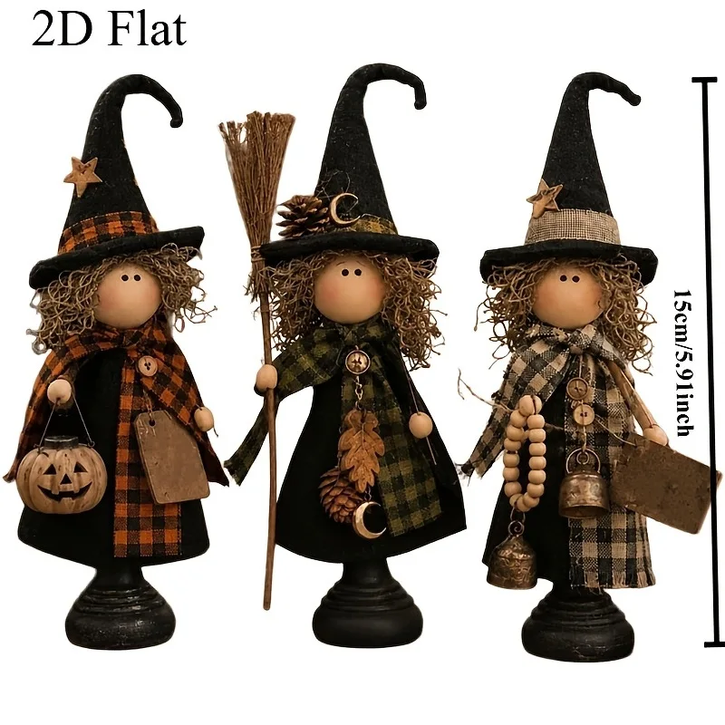 3-teiliges Halloween-Hexen-Tischdekorationsset, schwarz, lila, grün und orange, niedliche Holzdekoration, Hexenfiguren im Landhausstil mit Besen, Kürbis, schwarzer Katze und Geist, geeignet für den Innenbereich, Kamine – Detail 9