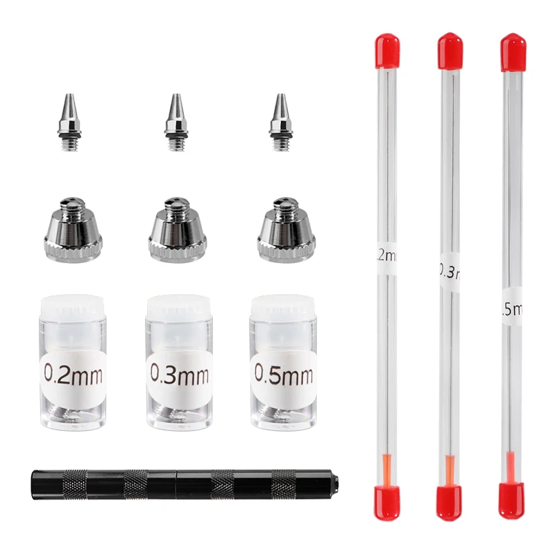 Airbrush Accessories 0.2/0.3/0.5MM Nozzle & Needle & Nozzle Cap & Multi Function Reamer & Nozzle Wrench Replacement Parts