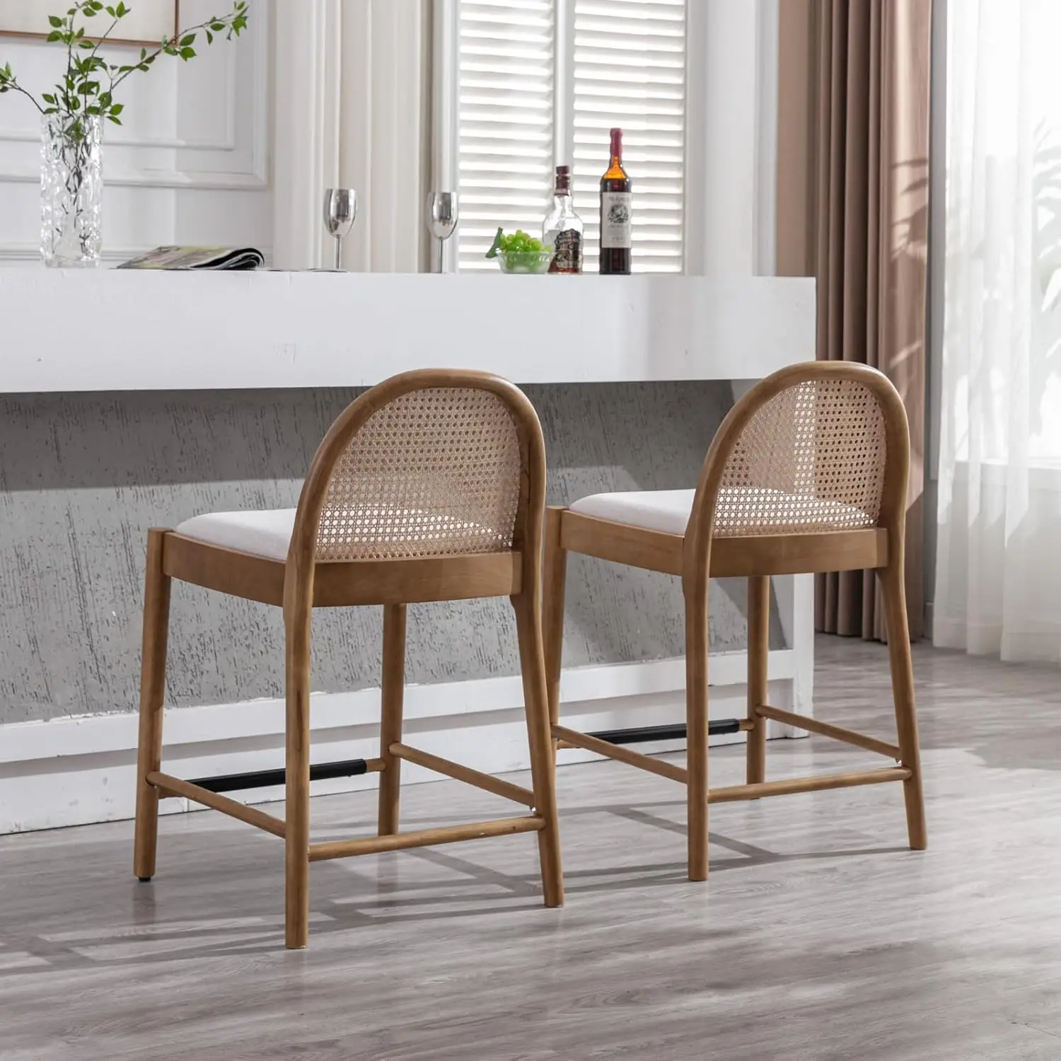 Mid-Century Bar Stools Set of 4, 26 Inch Rattan Back Linen Counter Height Barstools Comfy Upholstered Bar Chairs with Wooden Leg