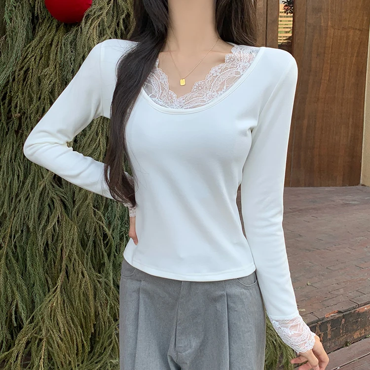 2026 Herbst Winter Damen T-Shirt Spitze Schlankes Basis-T-Shirt Elegantes Vielseitiges Strick-Layering-Oberteil mit Langen Ärmeln für Damen Neu eingetroffenes T-Shirt – Detail 18