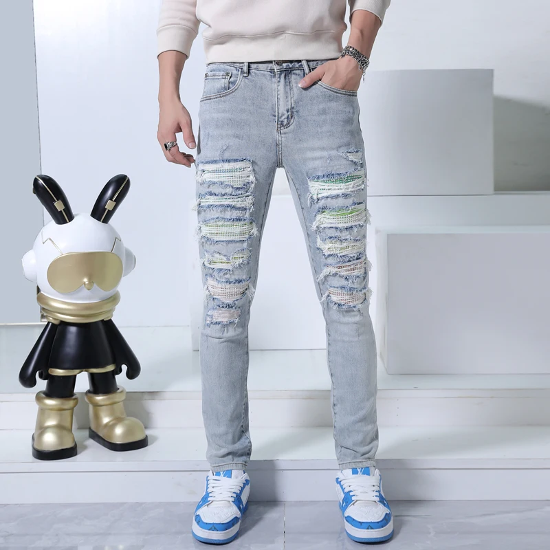 Trendy versatile ripped pants men's jeans fashion street Korean style tight stretch soft and comfortable casual pants