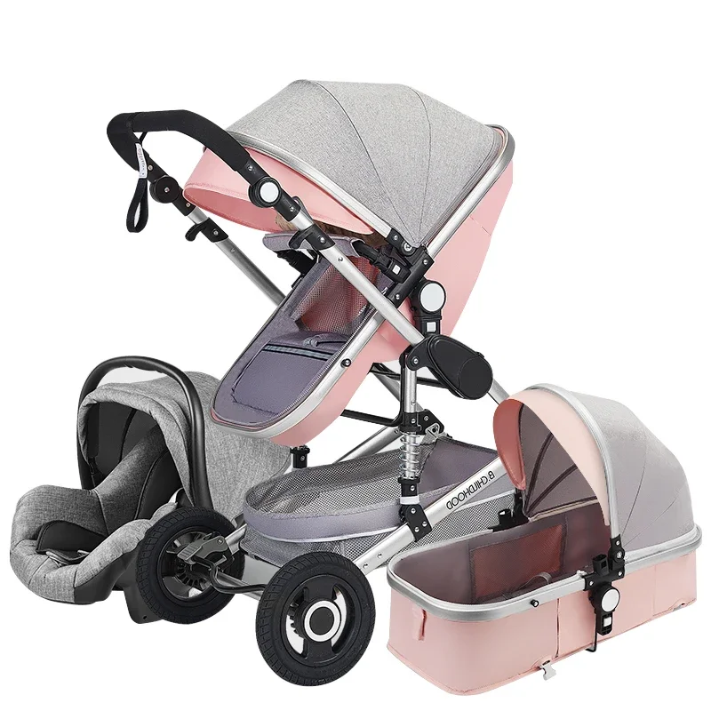 Hoge Landschap Kinderwagen 3 In 1 Met Car Seat Roze Kinderwagen Luxe Reizen Kinderwagen Baby-autozitje En Wandelwagen Baby carrier Trolley