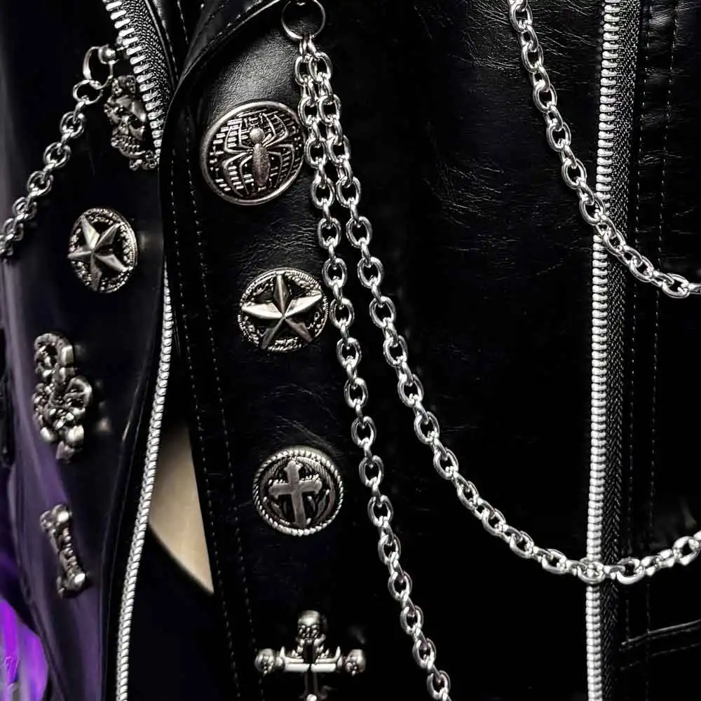 Gothic E-Girls Digital Glitch Core Skull Trendy Punk Rock Harajuku Chain Cross Street Wear Goth Y2K PU Leather Jacket Club Wear