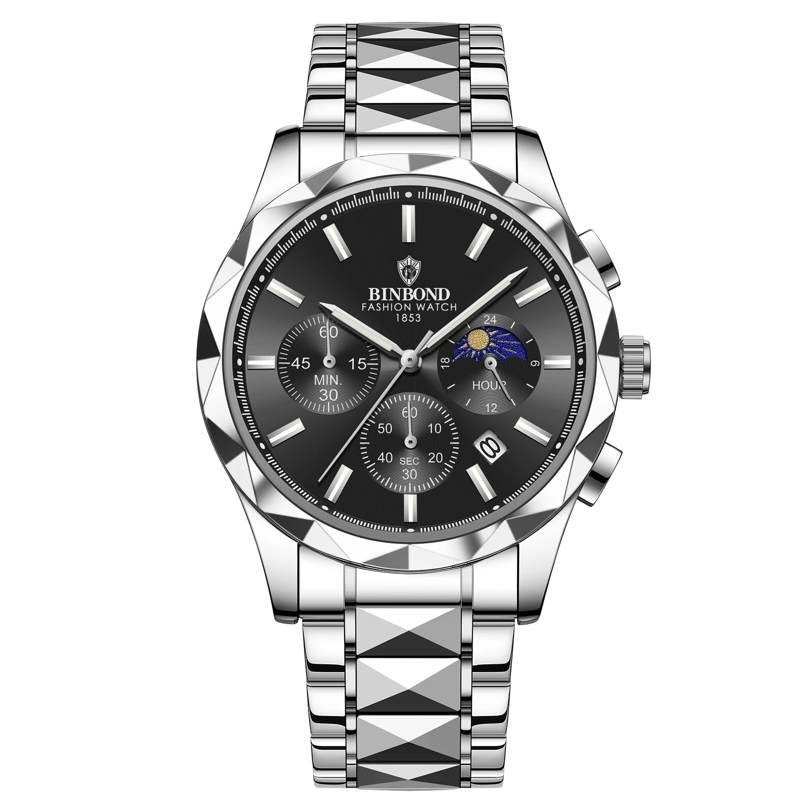 BINBOND Men Quartz Watch,6‑Hands Multi‑Function Tungsten Steel Wristwatch,Butterfly Clasp Dual Calendar Waterproof Male Watch